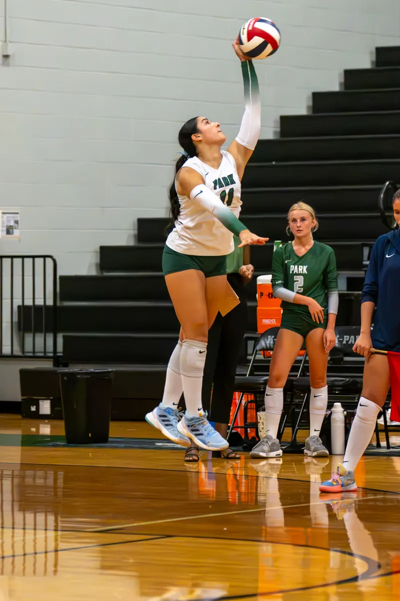 A volleyball hitter in a white and green uniform reaches high to strike the ball in a packed gym